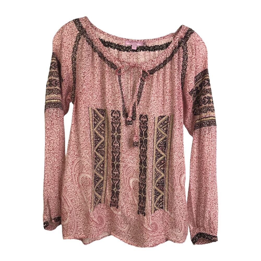 Calypso Blouse Womens XS Red Floral Embroidered Tassel‎ Tie Scoop Neck XS
